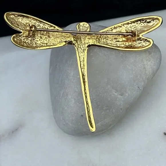 Vintage Gold Tone Rhinestone Dragonfly Brooch Pin - Picture 6 of 6